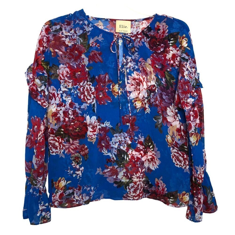 Nwt- ELIE. by ELIE TAHARI - Blue & Pink Floral Sheer  Ruffle Blouse - Size Small